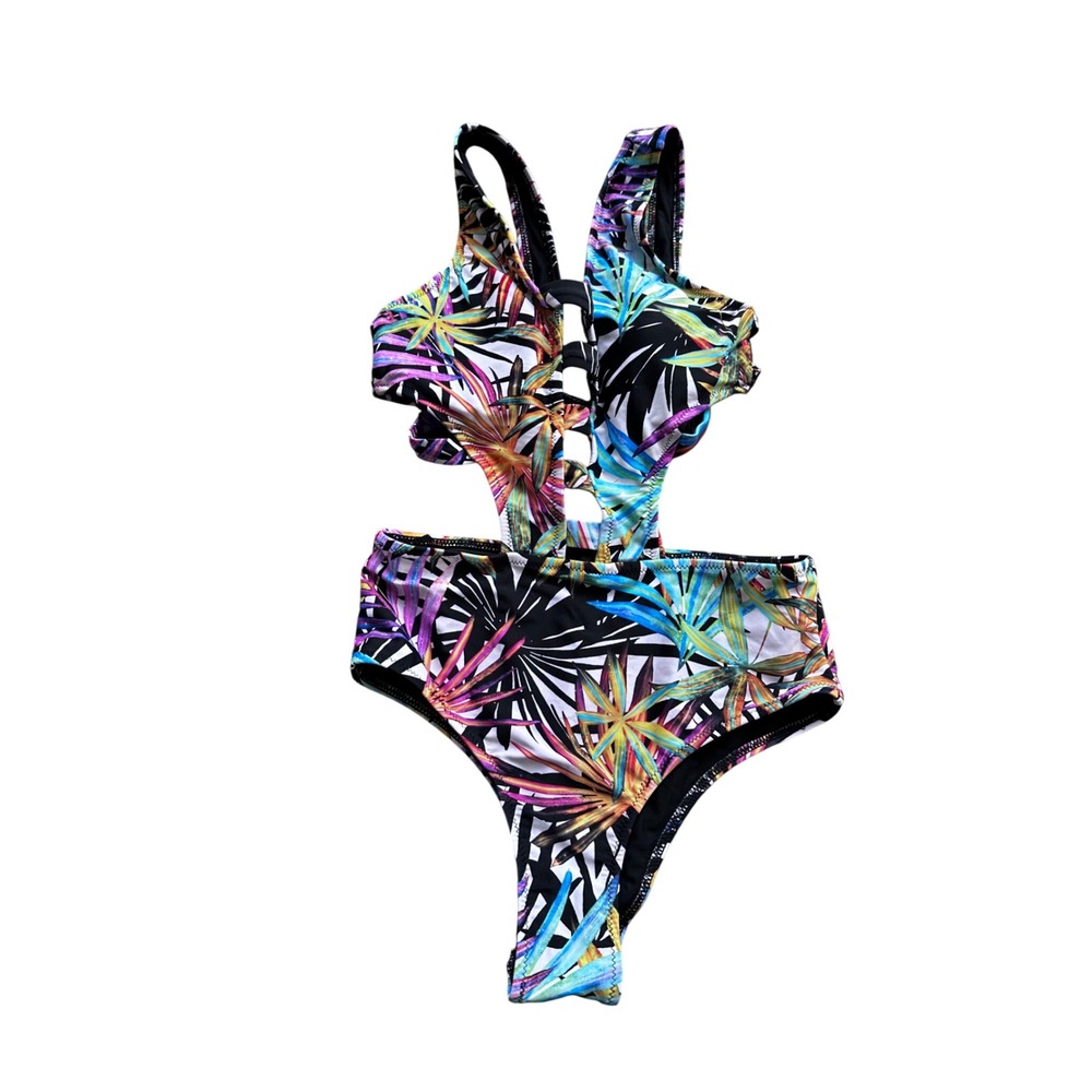 Tropical Palm Print Cut Out Monokini Swimsuit Strappy One Piece‎ Multicolor